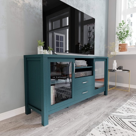 Flash Furniture Dion Teal 59 Inch Storage Cabinet, Engineered Wood, 2 Tempered Glass Doors, 2 Drawers, Open Shelf EV-CA7515-ZZ-TL-GG